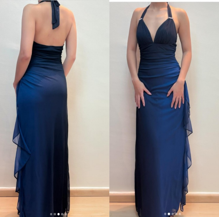 Shiny Chiffon Halter Sheath Classy Prom Dress For Party&Birthday Elegant Blue Classy Evening Gowns
