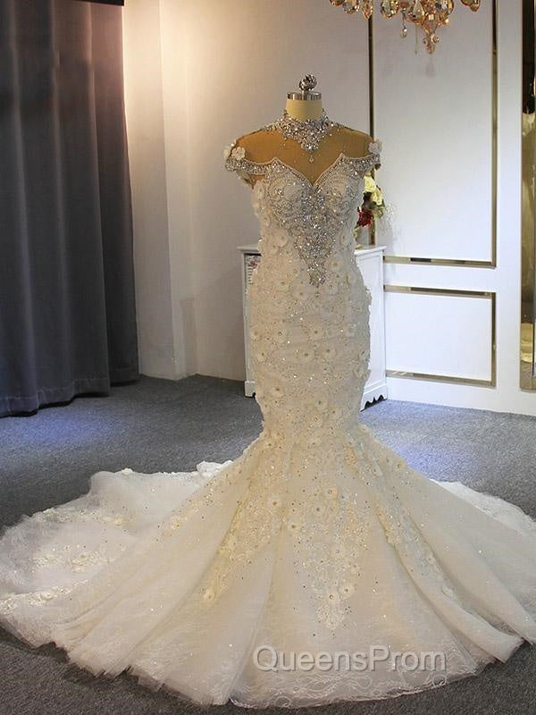 Shiny Crystal High Neck Floral Wedding Dress Sheer Tulle Sleeveless Mermaid Bridal Gowns Secondary image