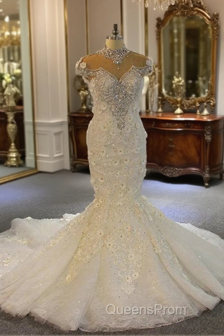 Shiny Crystal High Neck Floral Wedding Dress Sheer Tulle Sleeveless Mermaid Bridal Gowns Main image
