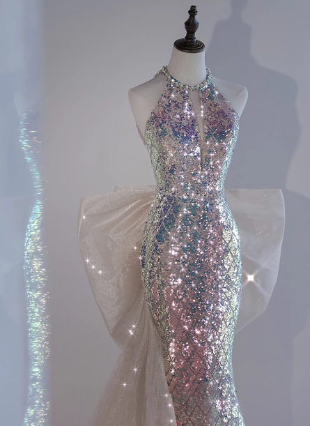 Shiny Dreamy Iridescent Gradient Mermaid Halter Neck Bow Sequin Long Classy Prom Dress Secondary image