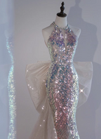 Shiny Dreamy Iridescent Gradient Mermaid Halter Neck Bow Sequin Long Classy Prom Dress