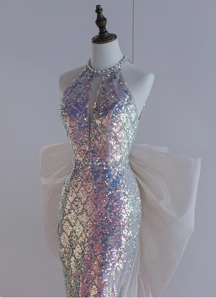 Shiny Dreamy Iridescent Gradient Mermaid Halter Neck Bow Sequin Long Classy Prom Dress