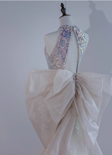 Shiny Dreamy Iridescent Gradient Mermaid Halter Neck Bow Sequin Long Classy Prom Dress