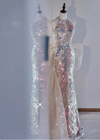 Shiny Dreamy Iridescent Gradient Mermaid Halter Neck Bow Sequin Long Classy Prom Dress