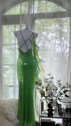Shiny Full Beaded Heavy Green Mermaid Backless Prom Gown Classy Prom Dress