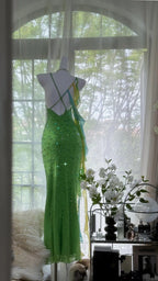Shiny Full Beaded Heavy Green Mermaid Backless Prom Gown Classy Prom Dress