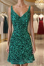 Shiny Green Sequins V Neck Short Evening Prom Dress, V Neck Green Homecoming Dress, Green Formal Evening Dress