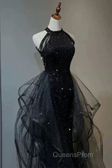 Shiny Halter Sequin Tulle Layered Long Evening Prom Dress Black Evening Dress Wedding Dress