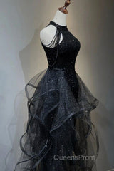 Shiny Halter Sequin Tulle Layered Long Evening Prom Dress Black Evening Dress Wedding Dress