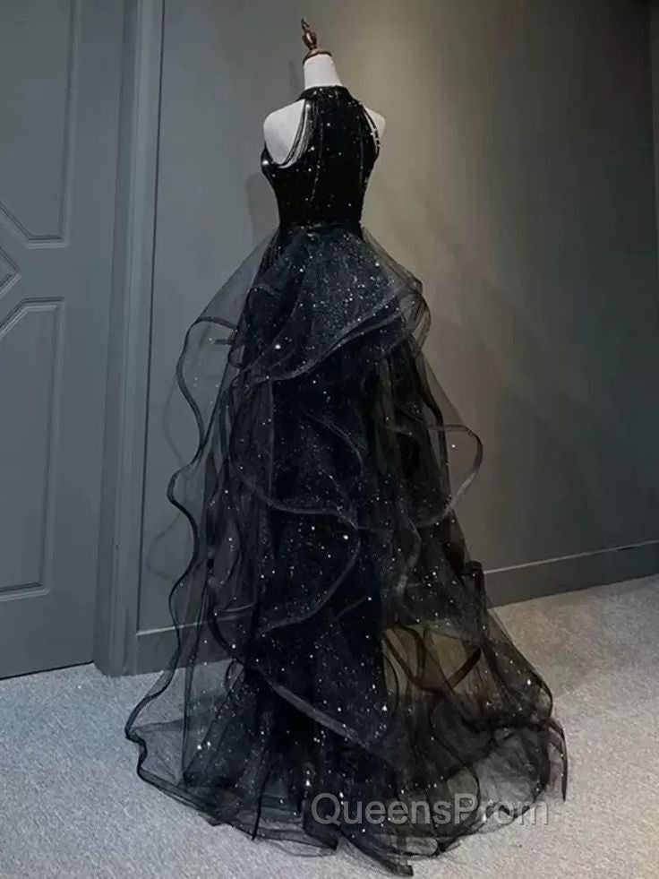 Shiny Halter Sequin Tulle Layered Long Evening Prom Dress Black Evening Dress Wedding Dress