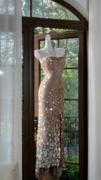 Shiny Halterneck Large Sequined Slit Mermaid Classy Prom Dress