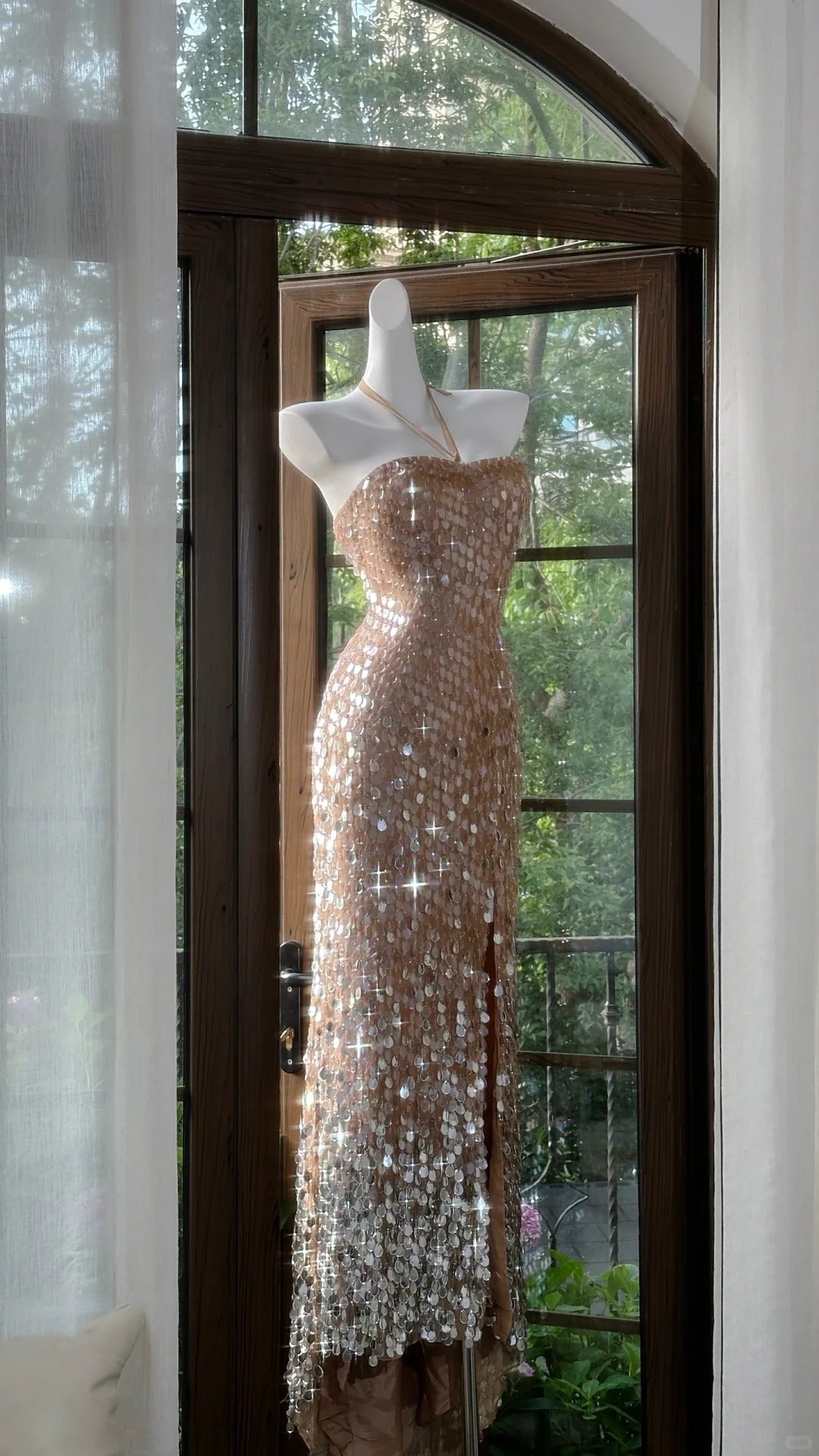 Shiny Halterneck Large Sequined Slit Mermaid Classy Prom Dress