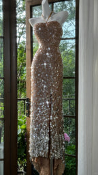 Shiny Halterneck Large Sequined Slit Mermaid Classy Prom Dress