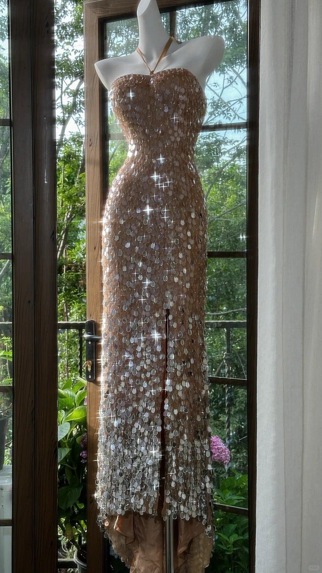 Shiny Halterneck Large Sequined Slit Mermaid Classy Prom Dress