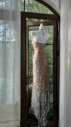 Shiny Halterneck Large Sequined Slit Mermaid Classy Prom Dress