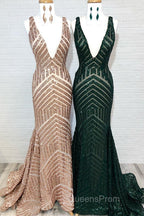 Shiny Mermaid Long V Neck Red Sequins Evening Prom Dress