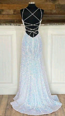 Shiny Mermaid Sequins Long White Evening Prom Dress V Neck Sleeveless Formal Dress