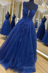 Shiny Navy Blue Lace Evening Prom Dress, Navy Blue Lace Formal Graduation Dress