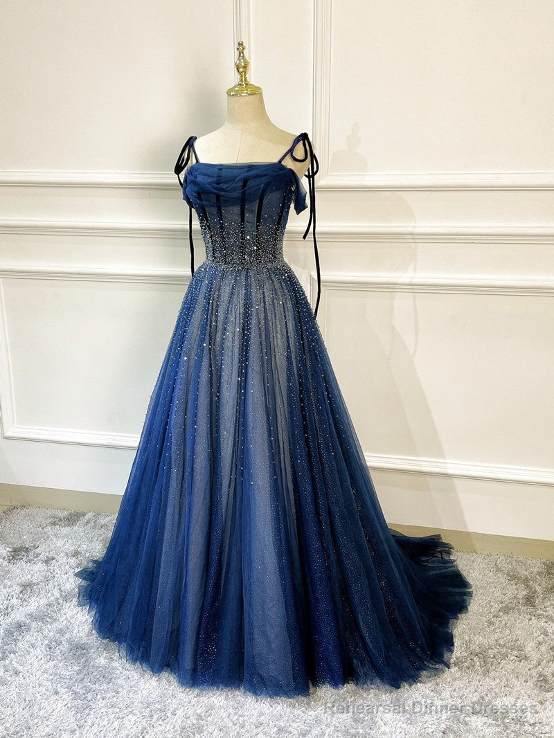 Shiny Navy Blue Tulle Straps Long Prom Dresses Party Dresses, A-line Beaded Prom Dresses Secondary image