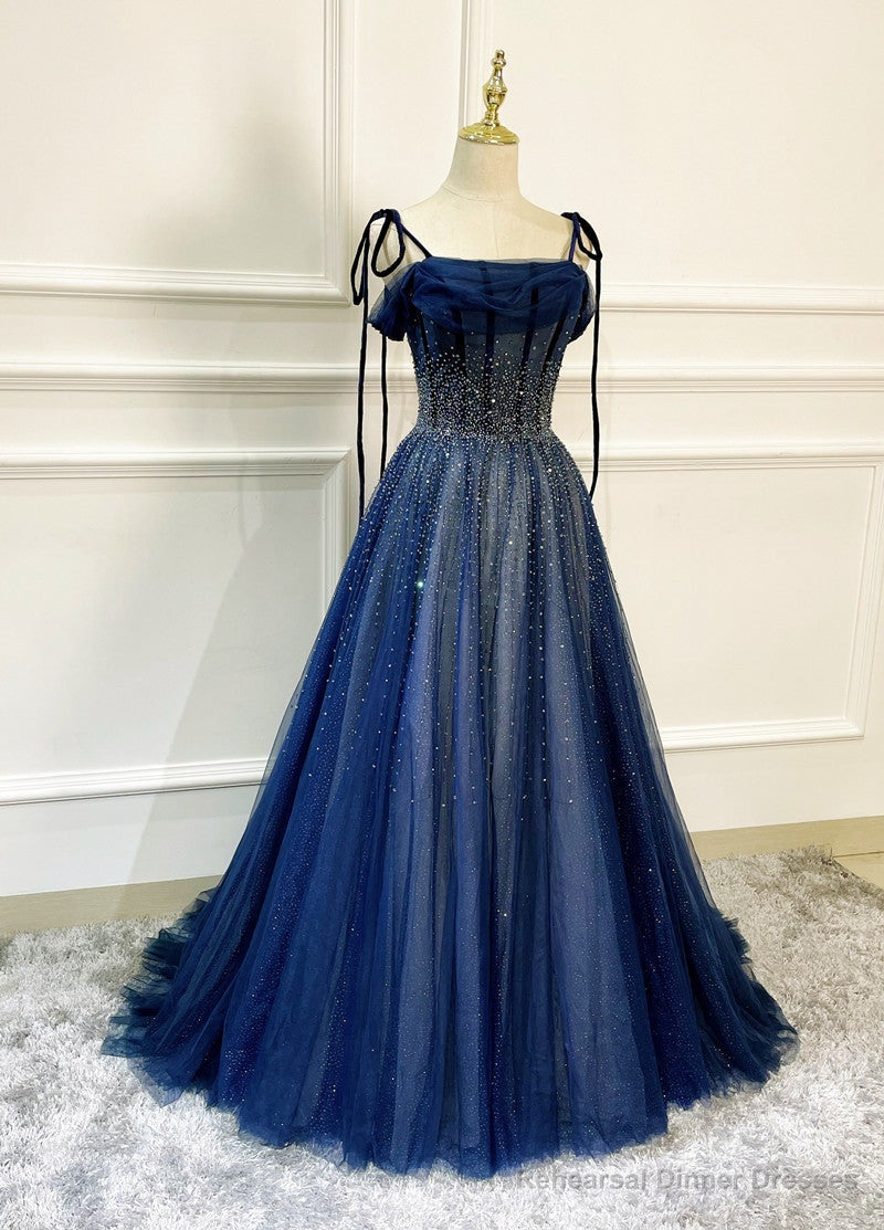Shiny Navy Blue Tulle Straps Long Prom Dresses Party Dresses, A-line Beaded Prom Dresses Main image