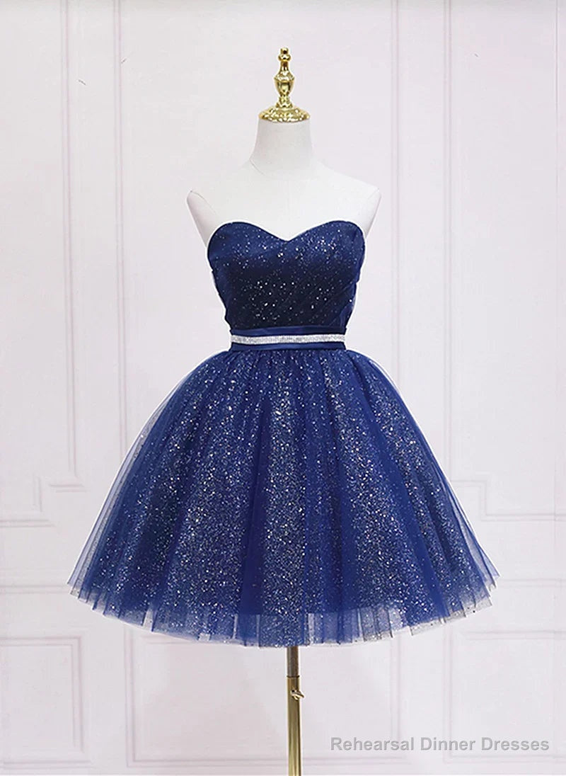 Shiny Navy Blue Tulle Sweetheart Homecoming Dress Blue Prom Dress prom dresses shops Main image