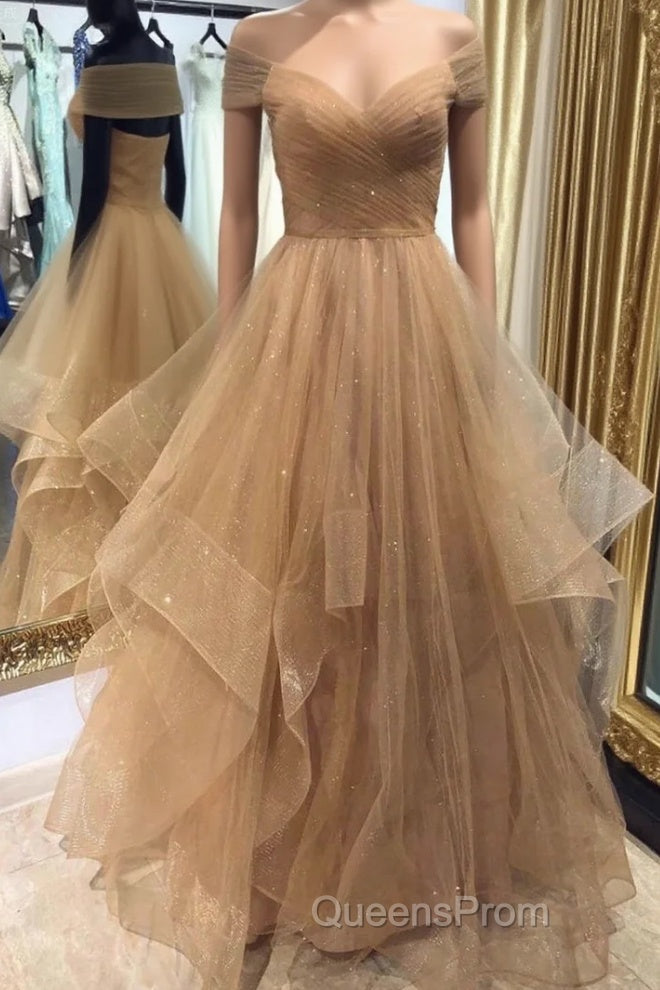 Shiny Off Shoulder Champagne Long Evening Prom Dress, Off the Shoulder Champagne Formal Dress, Fluffy Champagne Evening Dress Main image