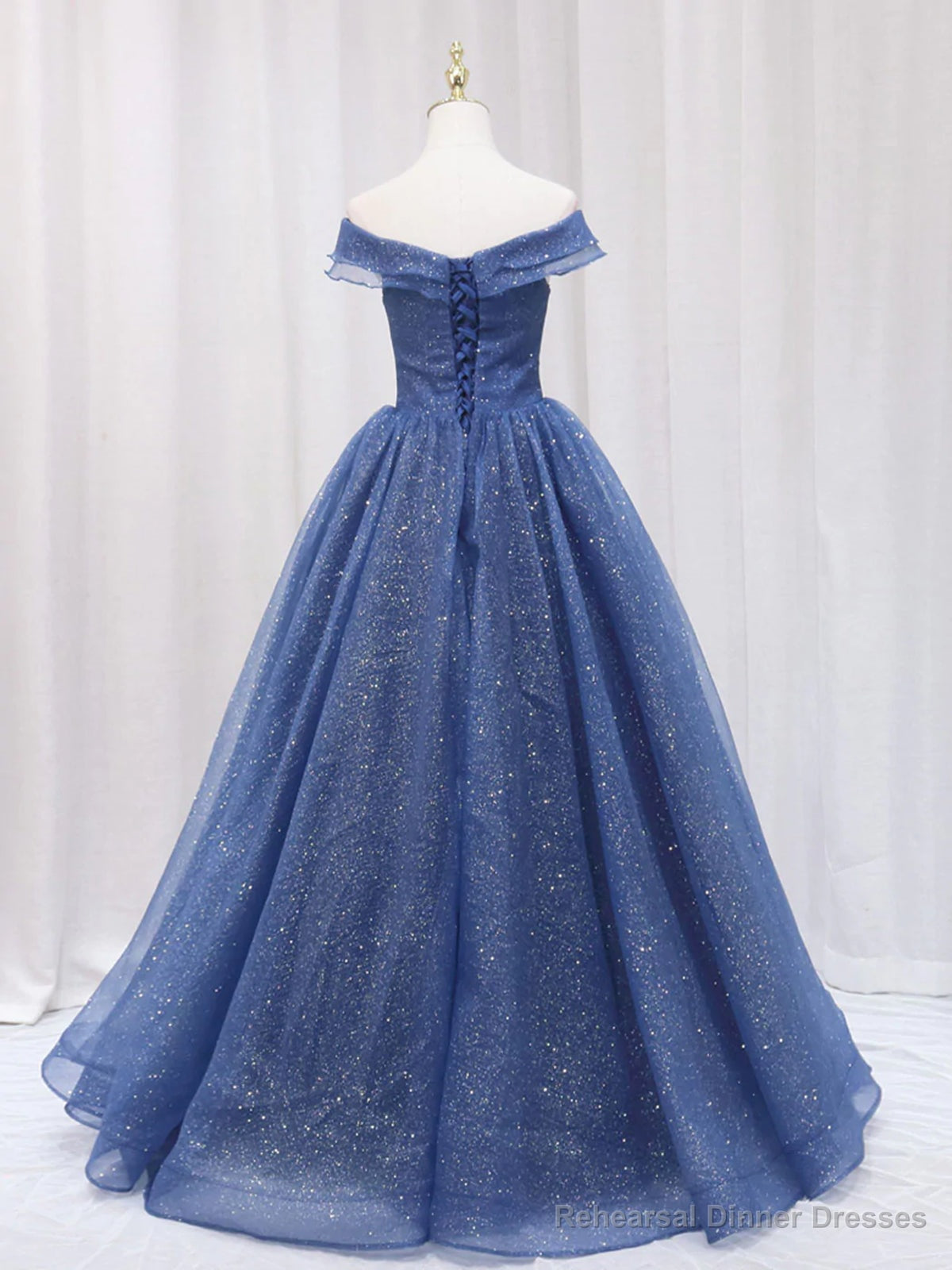 Shiny Off Shoulder Navy Blue Tulle Long Prom Dresses, Navy Blue Formal Graduation Evening Dresses Secondary image