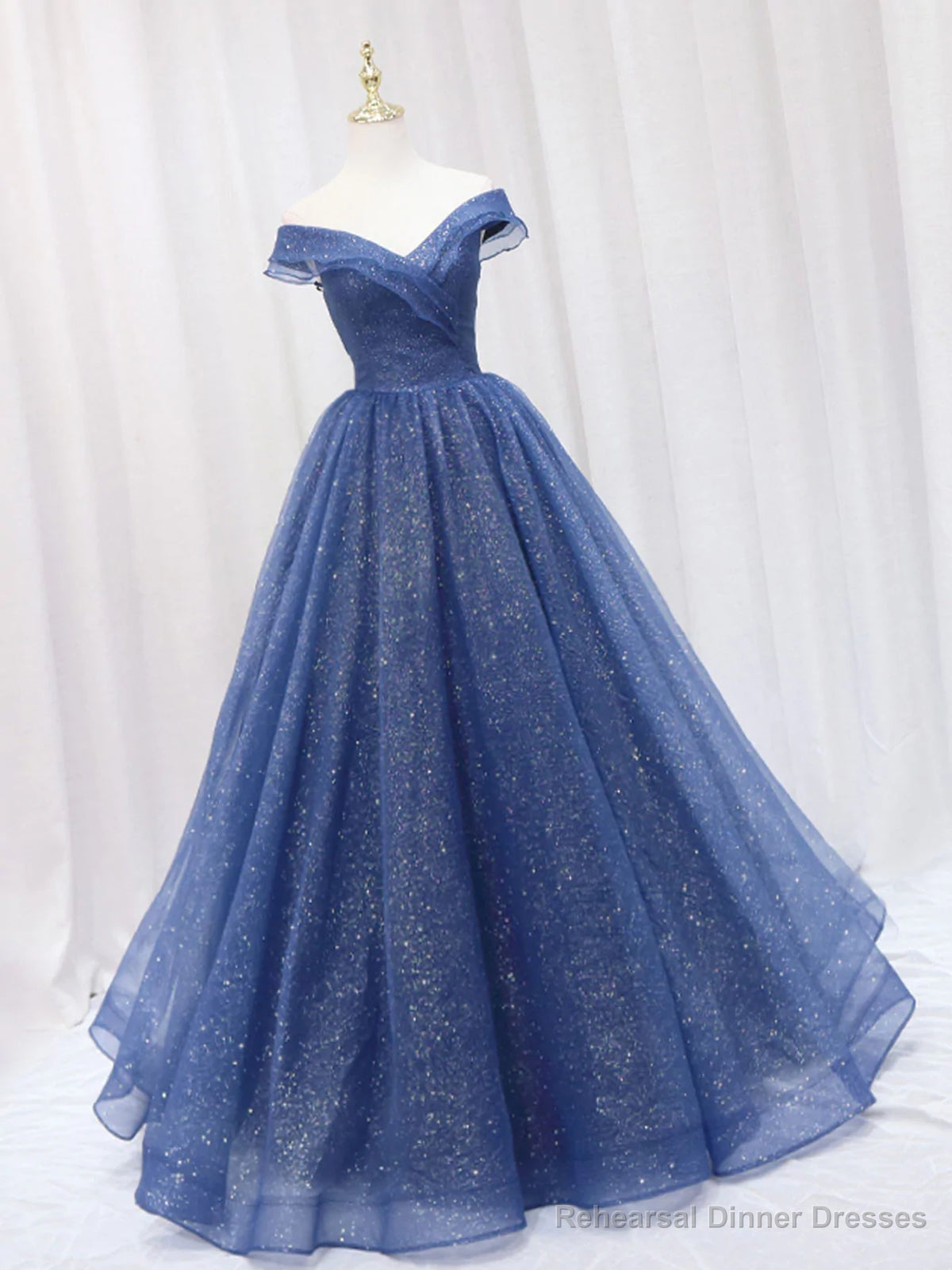 Shiny Off Shoulder Navy Blue Tulle Long Prom Dresses, Navy Blue Formal Graduation Evening Dresses Main image