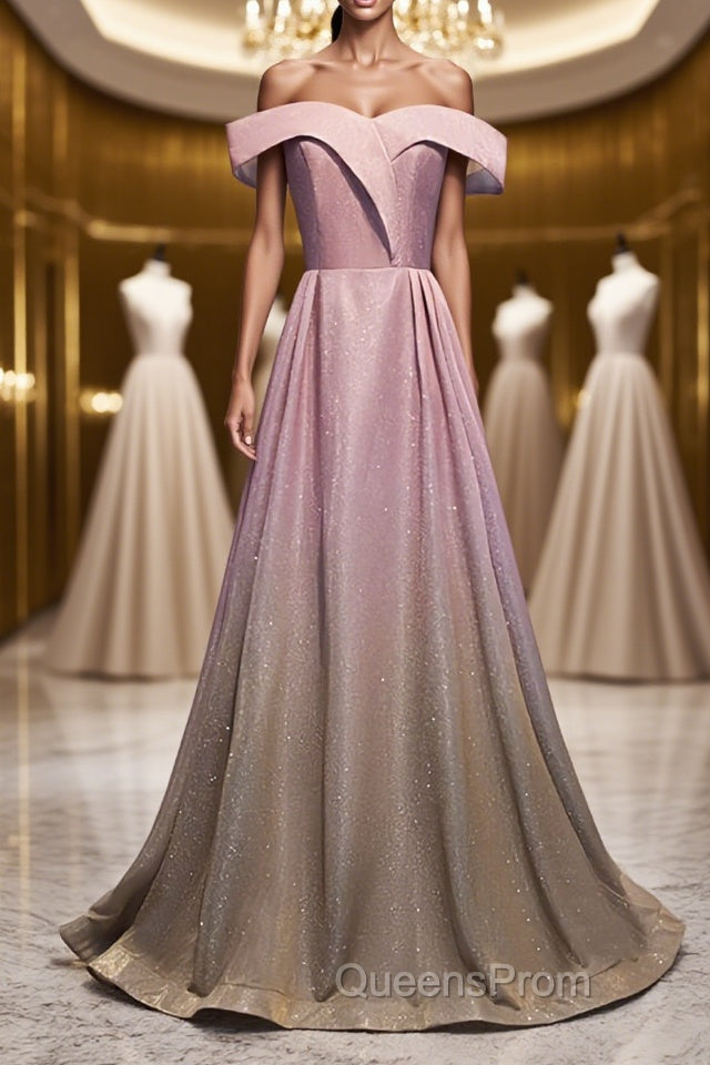 Shiny Off Shoulder Pink Ombre Evening Prom Dress, Pink Ombre Formal Graduation Evening Dress Main image