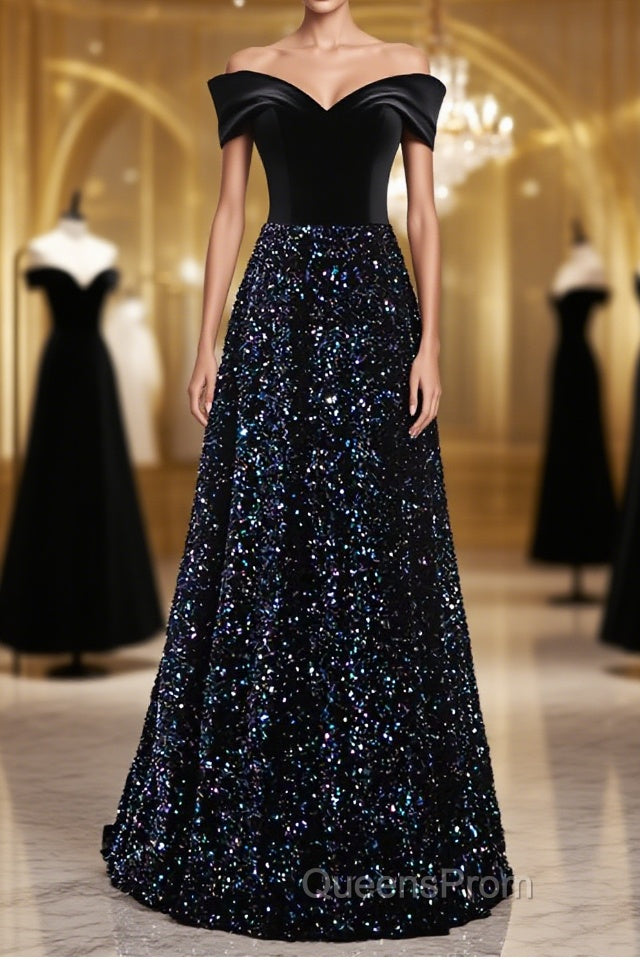 Shiny Off the Shoulder Black Evening Prom Dress with Corset Back, Shiny Black Long Formal Evening Dress Main image
