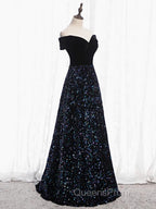 Shiny Off the Shoulder Black Evening Prom Dress with Corset Back, Shiny Black Long Formal Evening Dress