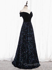 Shiny Off the Shoulder Black Evening Prom Dress with Corset Back, Shiny Black Long Formal Evening Dress