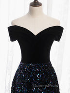 Shiny Off the Shoulder Black Evening Prom Dress with Corset Back, Shiny Black Long Formal Evening Dress
