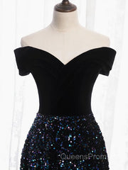 Shiny Off the Shoulder Black Evening Prom Dress with Corset Back, Shiny Black Long Formal Evening Dress