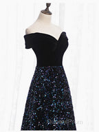 Shiny Off the Shoulder Black Evening Prom Dress with Corset Back, Shiny Black Long Formal Evening Dress
