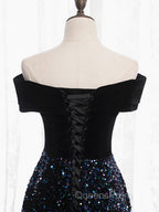 Shiny Off the Shoulder Black Evening Prom Dress with Corset Back, Shiny Black Long Formal Evening Dress