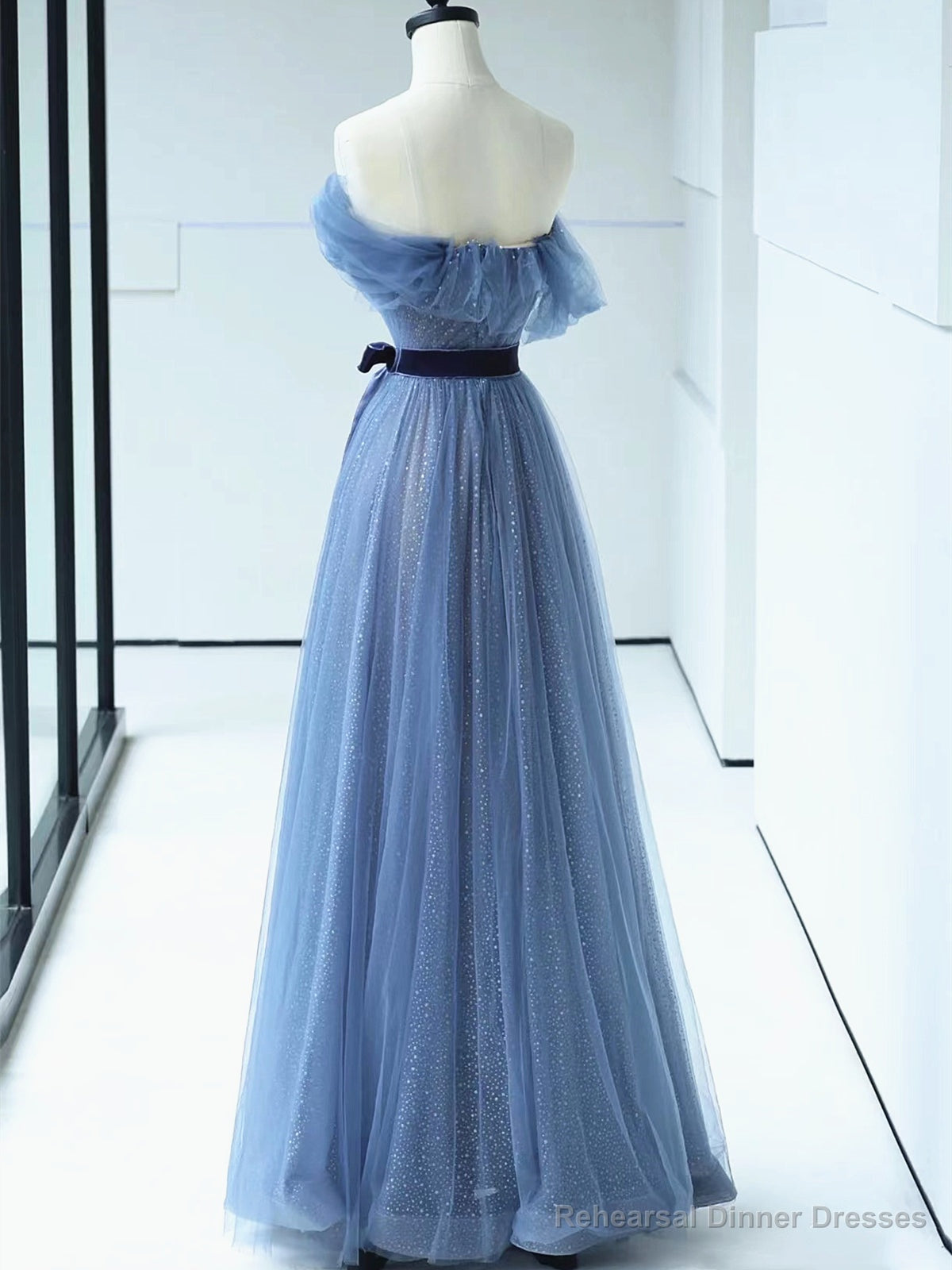 Shiny Off the Shoulder Blue Tulle Prom Dresses, Blue Long Formal Evening Dresses