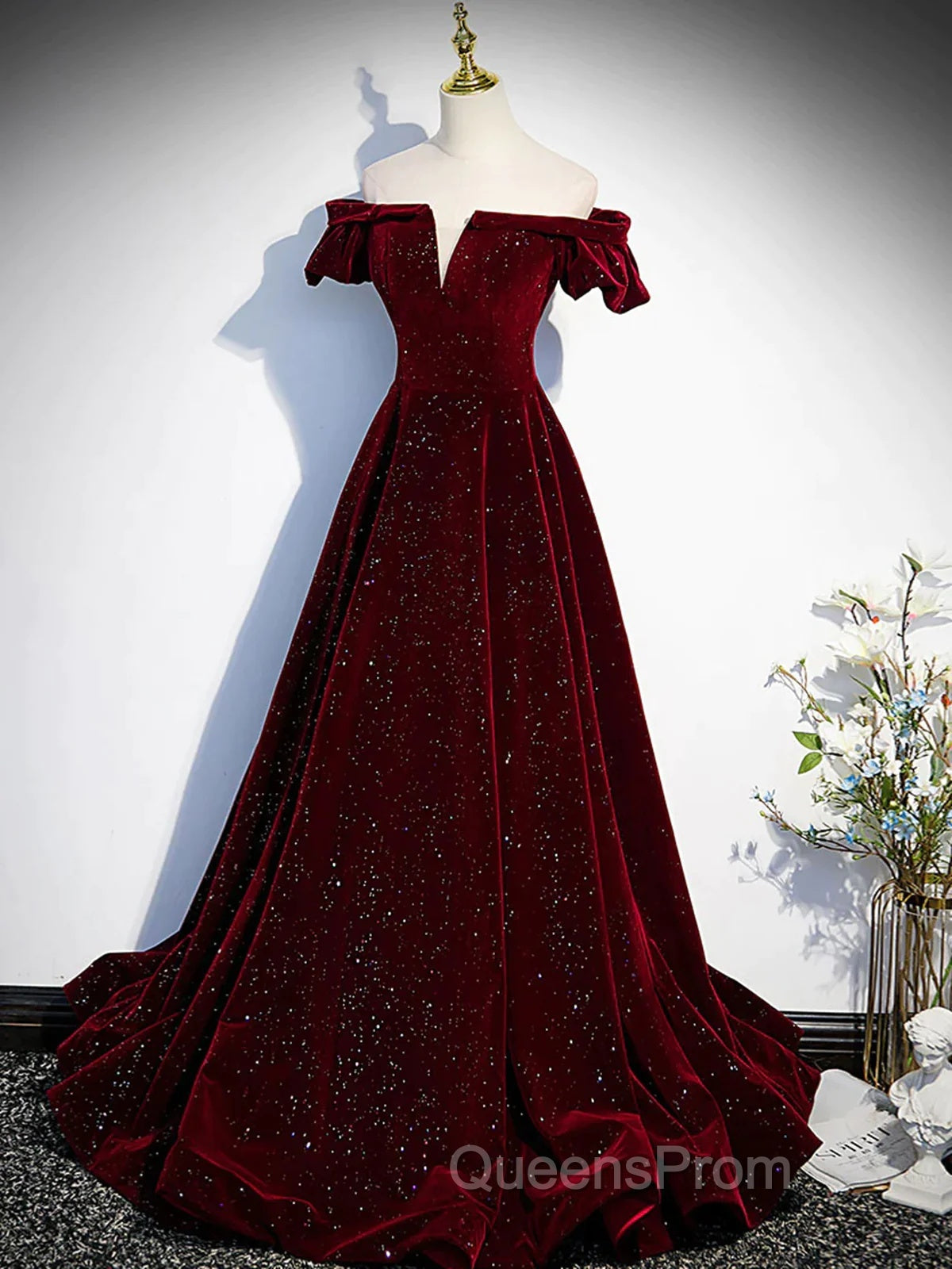 Shiny Off The Shoulder Burgundy Long Evening Prom Dress Secondary image