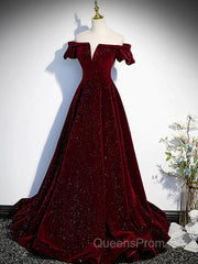 Shiny Off The Shoulder Burgundy Long Evening Prom Dress