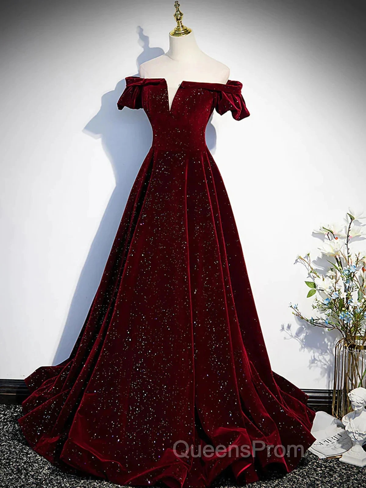 Shiny Off The Shoulder Burgundy Long Evening Prom Dress, Wine Red Long Formal Evening Dress Secondary image