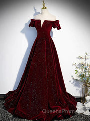 Shiny Off The Shoulder Burgundy Long Evening Prom Dress, Wine Red Long Formal Evening Dress