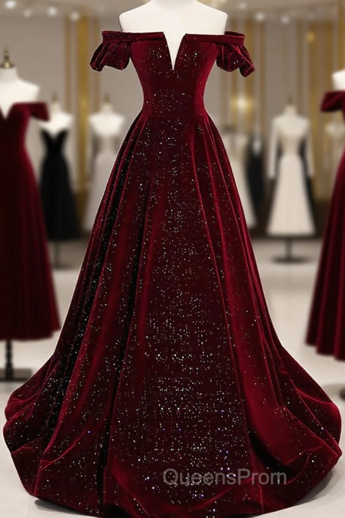 Shiny Off The Shoulder Burgundy Long Evening Prom Dress, Wine Red Long Formal Evening Dress Main image