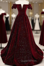 Shiny Off The Shoulder Burgundy Long Evening Prom Dress, Wine Red Long Formal Evening Dress