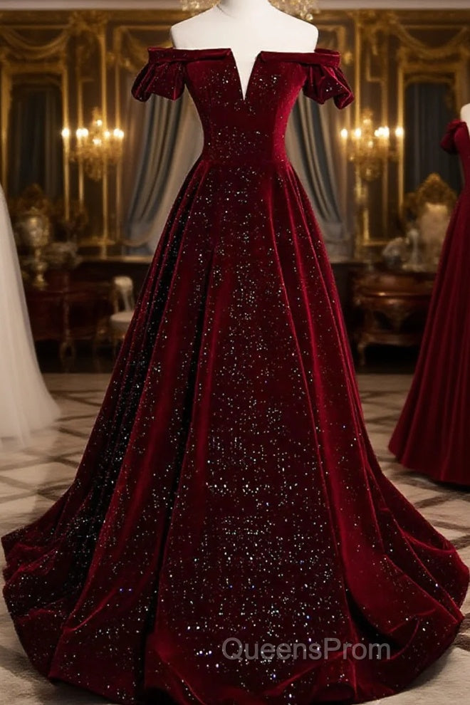 Shiny Off The Shoulder Burgundy Long Evening Prom Dress Main image