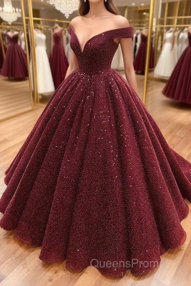 Shiny Off the Shoulder Burgundy Evening Prom Dress, Dark Wine Red Off Shoulder Long Formal Evening Dress Main image