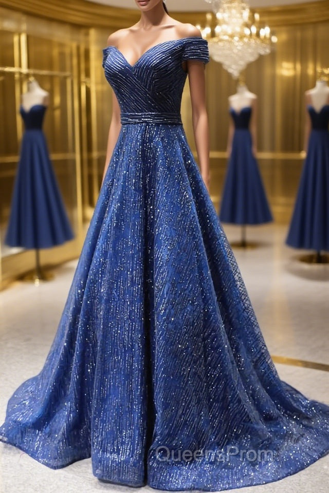 Shiny Off the Shoulder Navy Blue Long Evening Prom Dress, Off Shoulder Blue Formal Evening Dress Main image