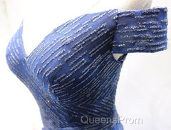 Shiny Off the Shoulder Navy Blue Long Evening Prom Dress, Off Shoulder Blue Formal Evening Dress