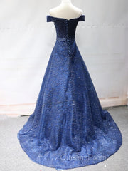 Shiny Off the Shoulder Navy Blue Long Evening Prom Dress, Off Shoulder Blue Formal Evening Dress