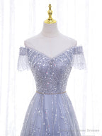 Shiny Off the Shoulder Silver Gray Long Prom Dresses, Silver Gray Long Formal Evening Dresses
