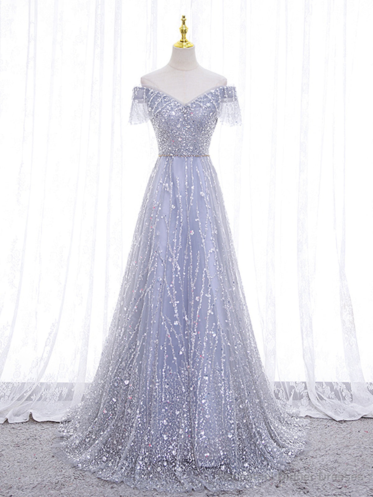 Shiny Off the Shoulder Silver Gray Long Prom Dresses, Silver Gray Long Formal Evening Dresses Secondary image